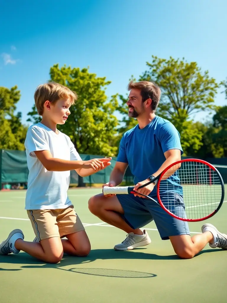 A dynamic photo of a tennis coach providing personalized instruction to a player at ASSO TENNIS CLUB D'AIL MARQUET, emphasizing the club's commitment to skill development.