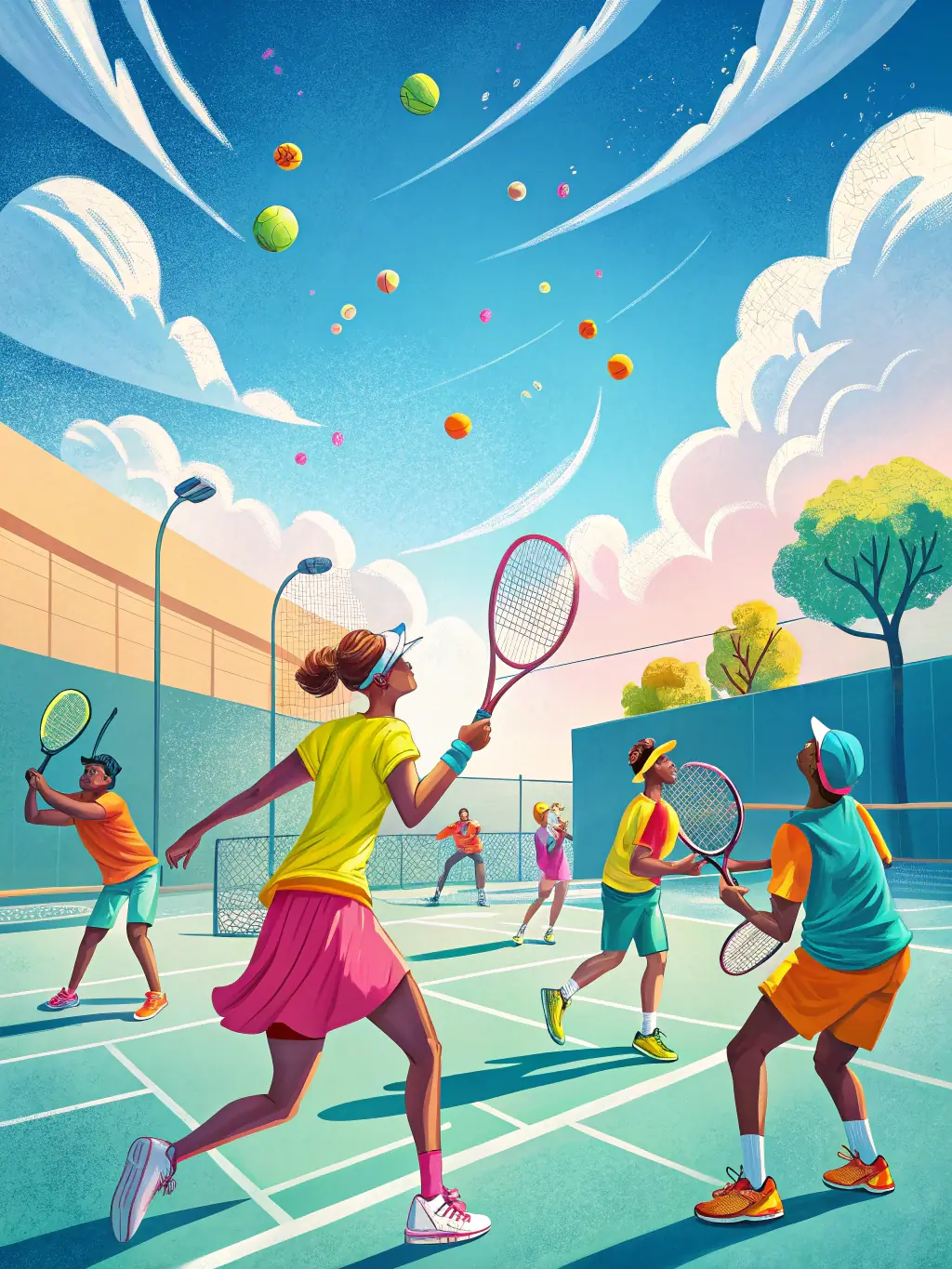A vibrant image of tennis players participating in a friendly doubles match on a sunny day at ASSO TENNIS CLUB D'AIL MARQUET, showcasing the club's active and social atmosphere.