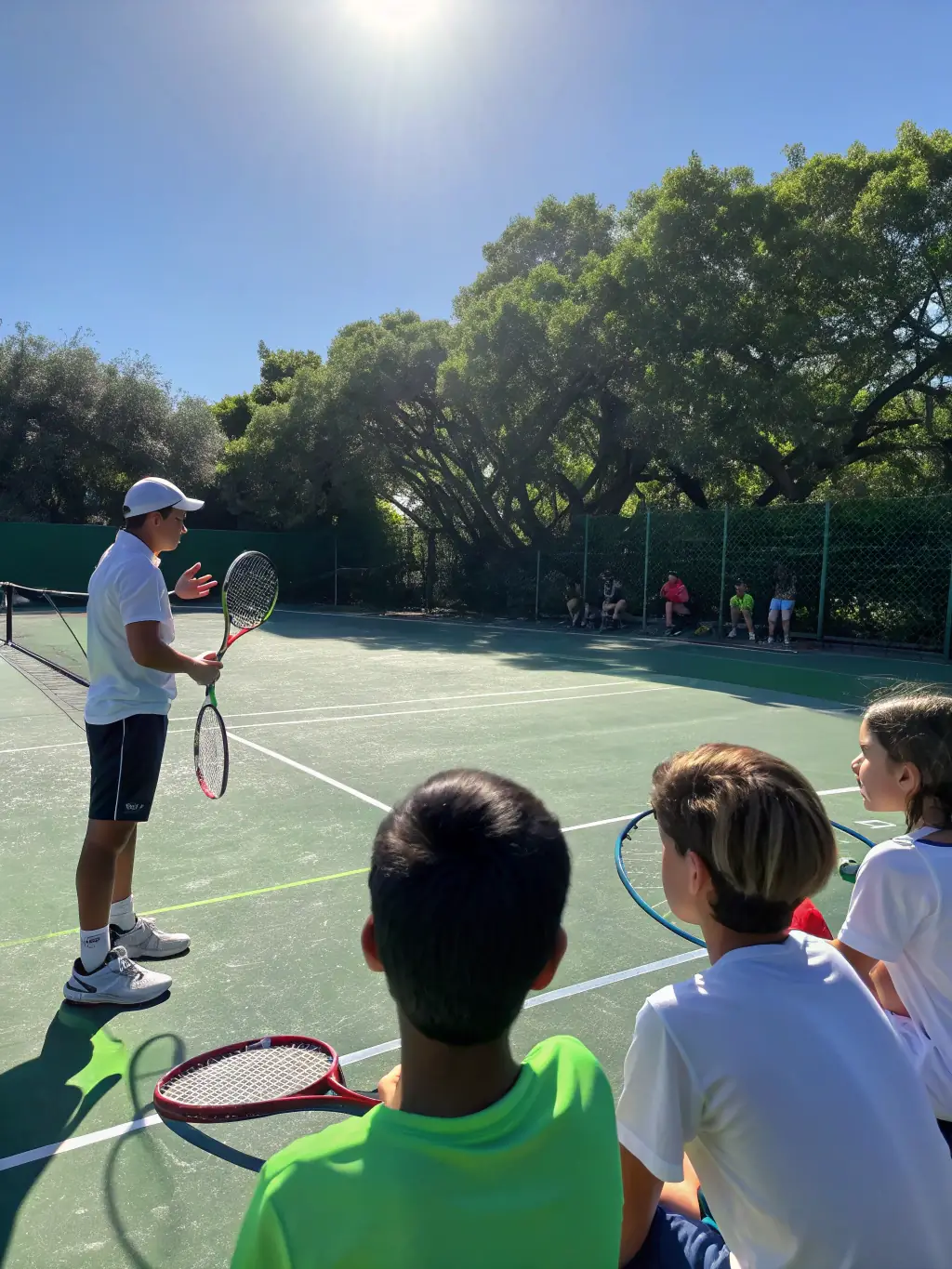 A dynamic shot of a tennis coach providing personalized instruction to a player on the court at ASSO TENNIS CLUB D'AIL MARQUET, emphasizing the club's commitment to skill development.